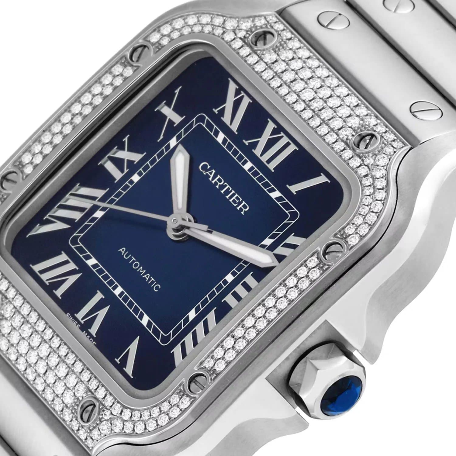 Santos de Cartier Blue Dial Diamond Bezel